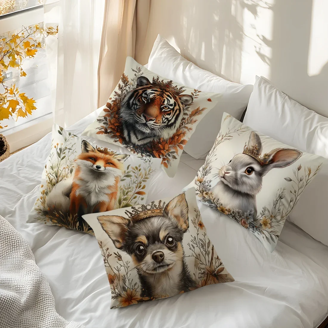 Home Decor Crowned Animals Tiger Fox Rabbit Chihuahua Pattern Cushion Cover Sofa Bedroom Car Pillow Cover
