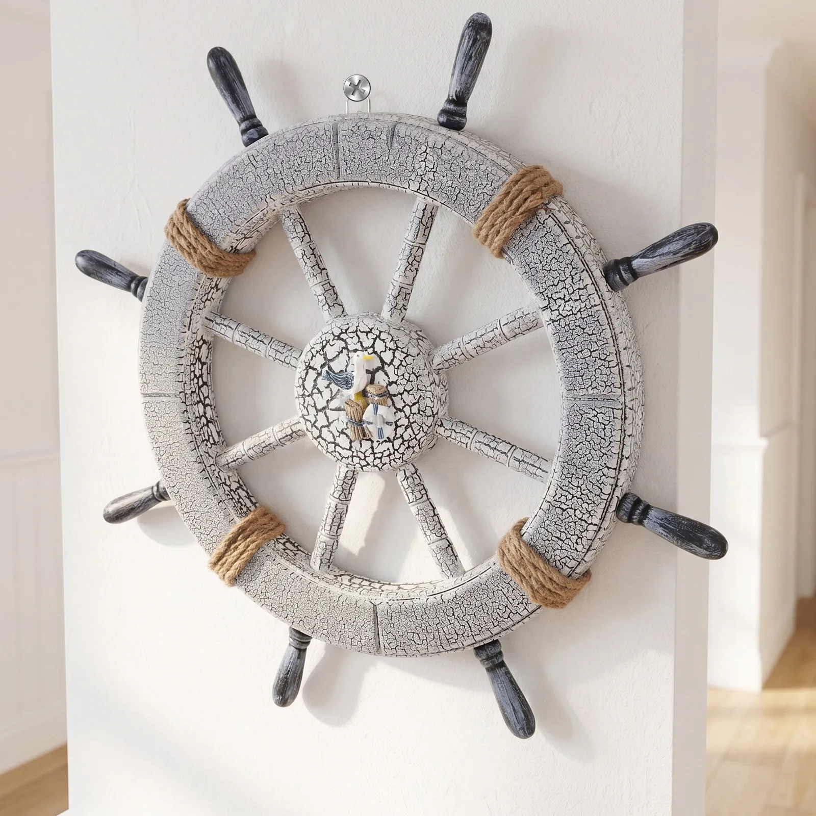 Nautical Wooden Ship Wheel Wall Decor 18 Inch Cracked Finish Vintage Coastal Home Wall Art for Beach House Bedroom Nursery