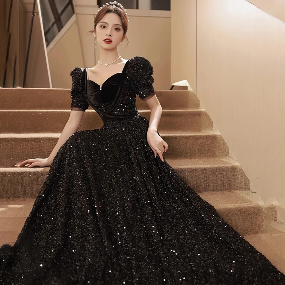 Gothic Puffy Sleeve Prom Dresses for Wedding Guest Sweep Train Sweetheart Party Dress for Kids Black Sequin robe soireé femme