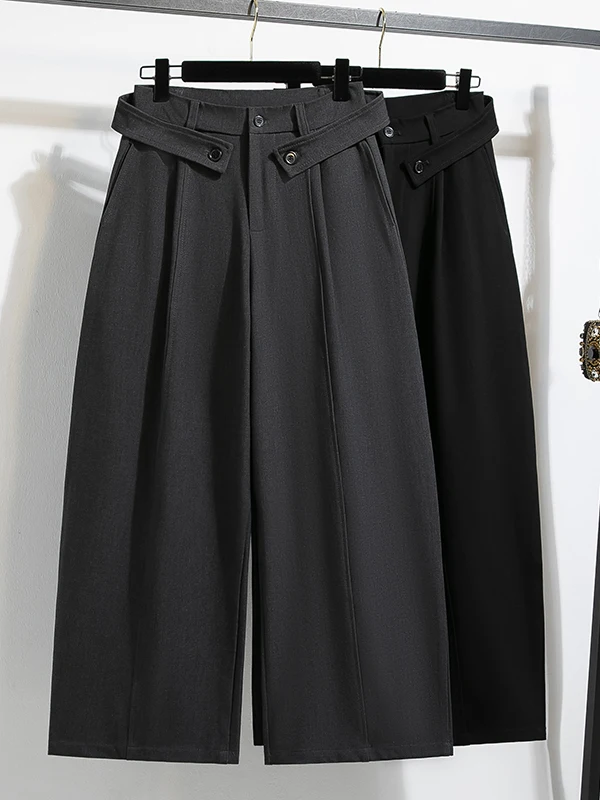High-End Women's Tweed Suit Pants  Thickened Wide Leg Casual High Waist Straight Tube Pants Asymmetrical Buckle Design