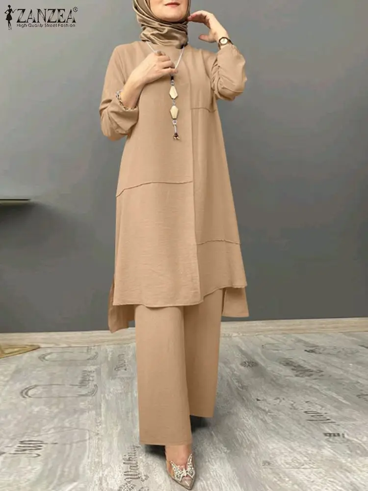 

Elegant Long Sleeve Blouse Wide Leg Pants Sets ZANZEA Women Tracksuit Muslim Two Piece Sets Solid Loose Outifits 2PCS Suit