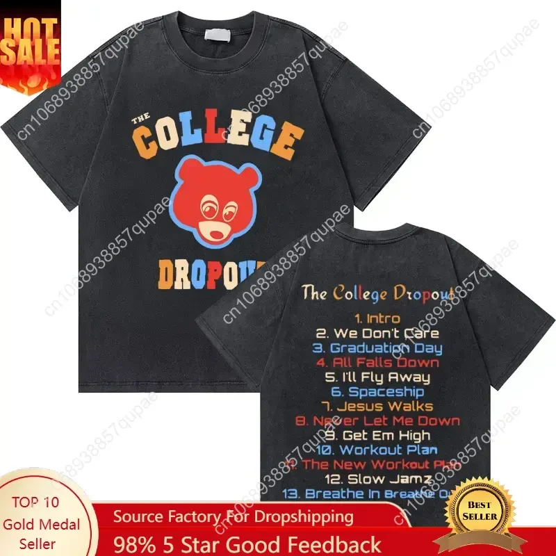 

Washed Vintage Rapper Kanye West Graduation Bear Graphic T Shirt Men Pure Cotton T-shirt Men's Hip Hop Fashion Oversized Tshirt