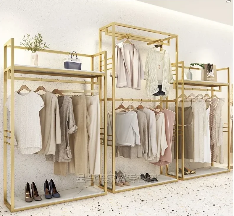 

Clothing store shelves floor-mounted women's display rack high-grade clothes gold double-layer hanger