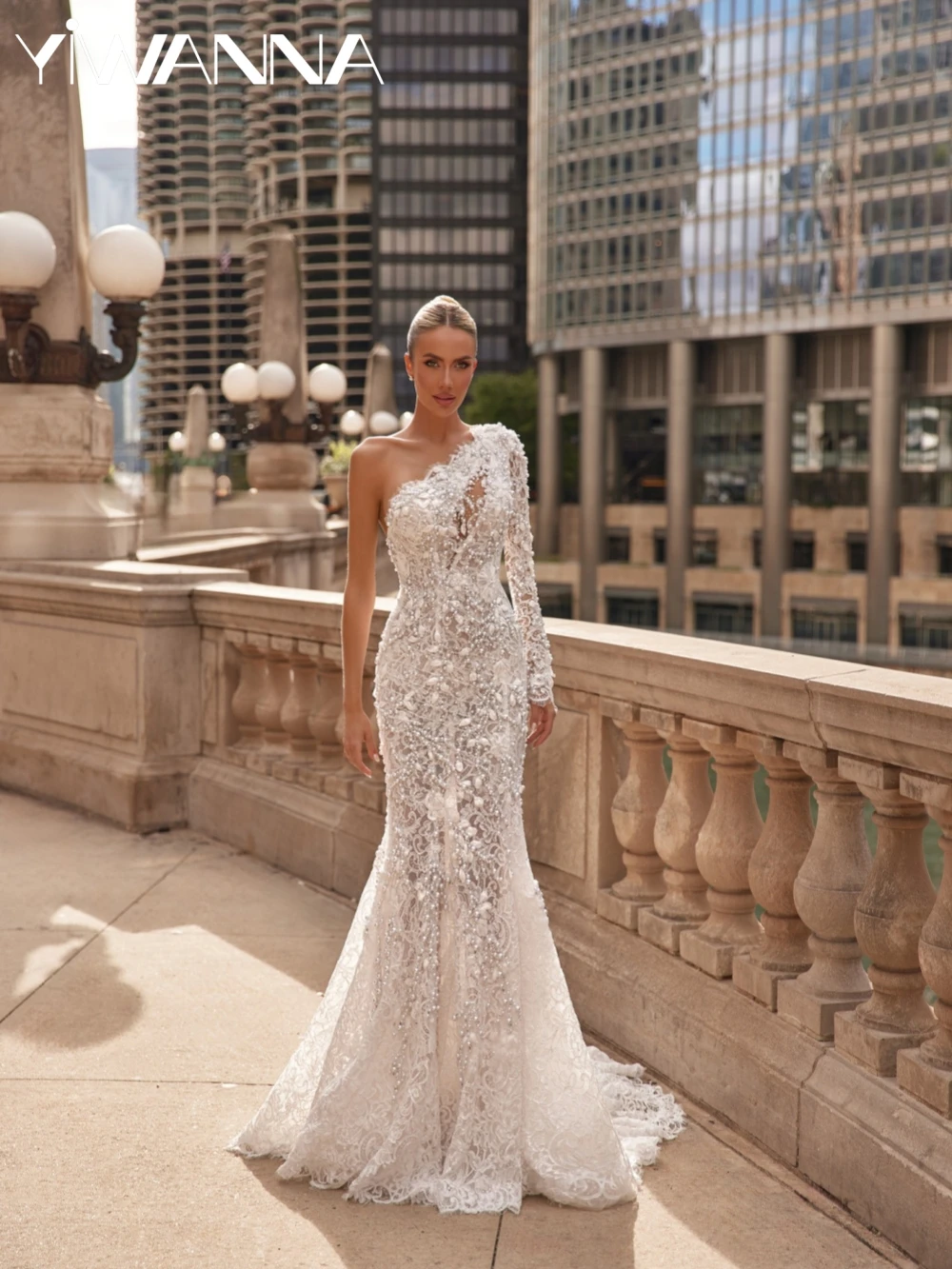 

Sparkling Pearls Lace Mermaid Long Wedding Dress Illusion One Shoulder Bridal Gown 2026 Customized Dreamy Dresses For Bride