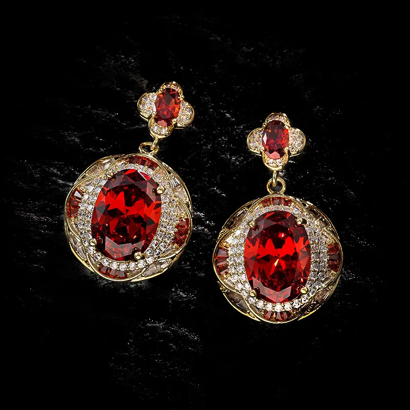 Luxury Ring Retro Style Geometry Evening Dress Necklace Earring Set Red Imitation Crystal High End High Beauty Ring for Women