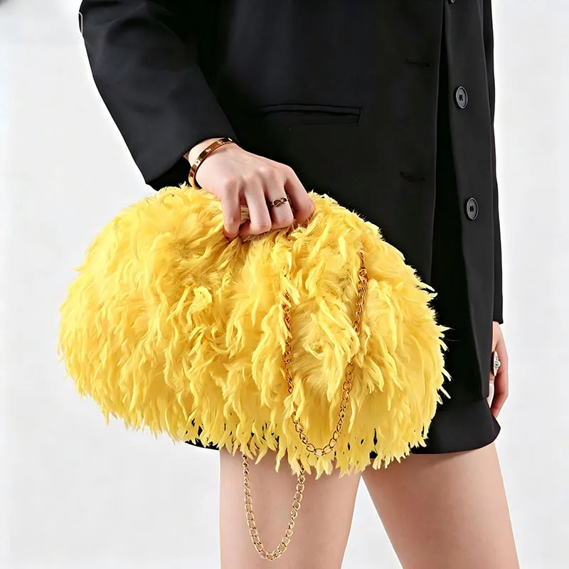 Candy Color Feather Dumpling Bag Fluffy Plush Shoulder Bags for Women Faux Fur Bag NEW Soft Warm Handbag Clip Bags Pouch