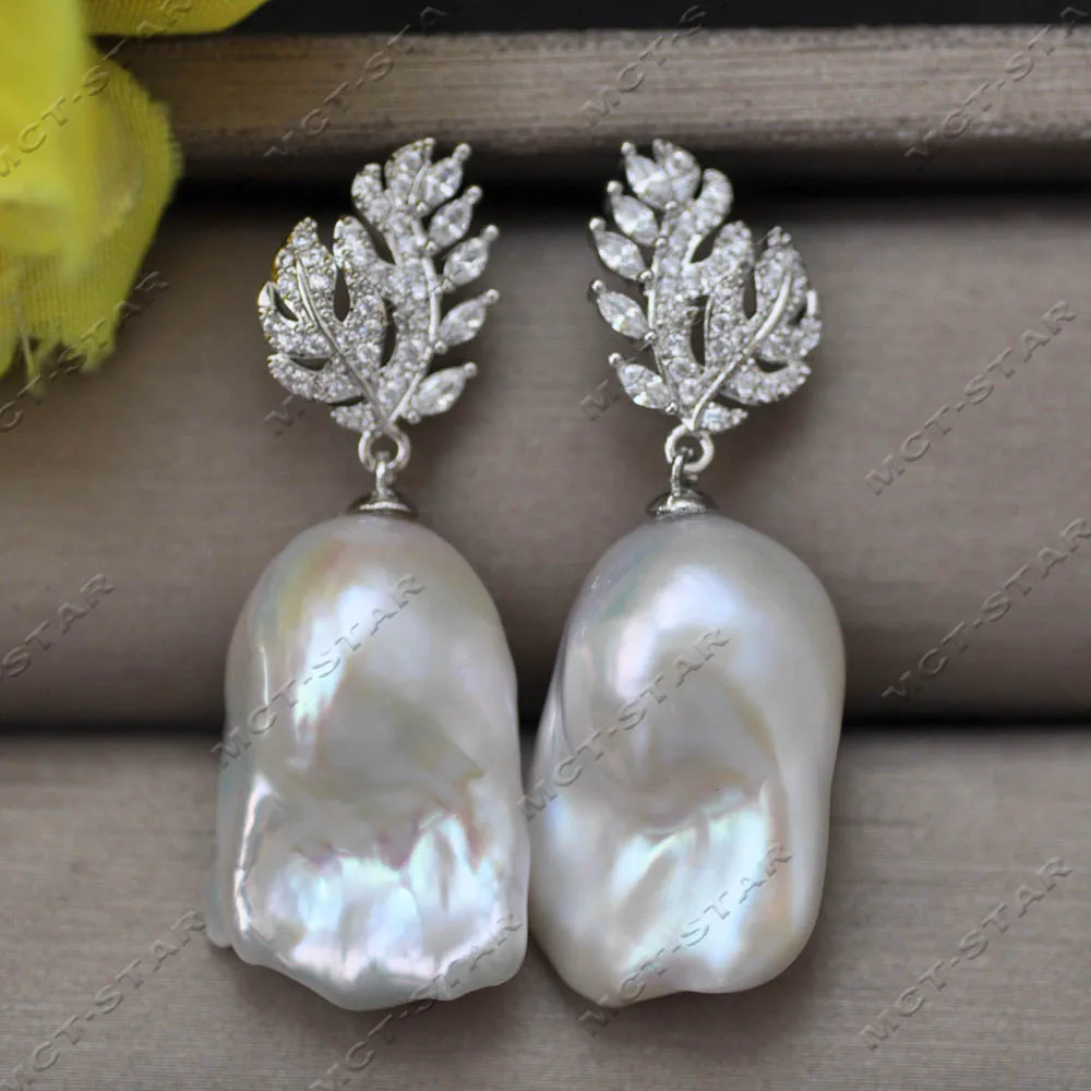 

Z14067 23mm Happiness Tree All CZ White Baroque Reborn Keshi Pearl Dangle Earring