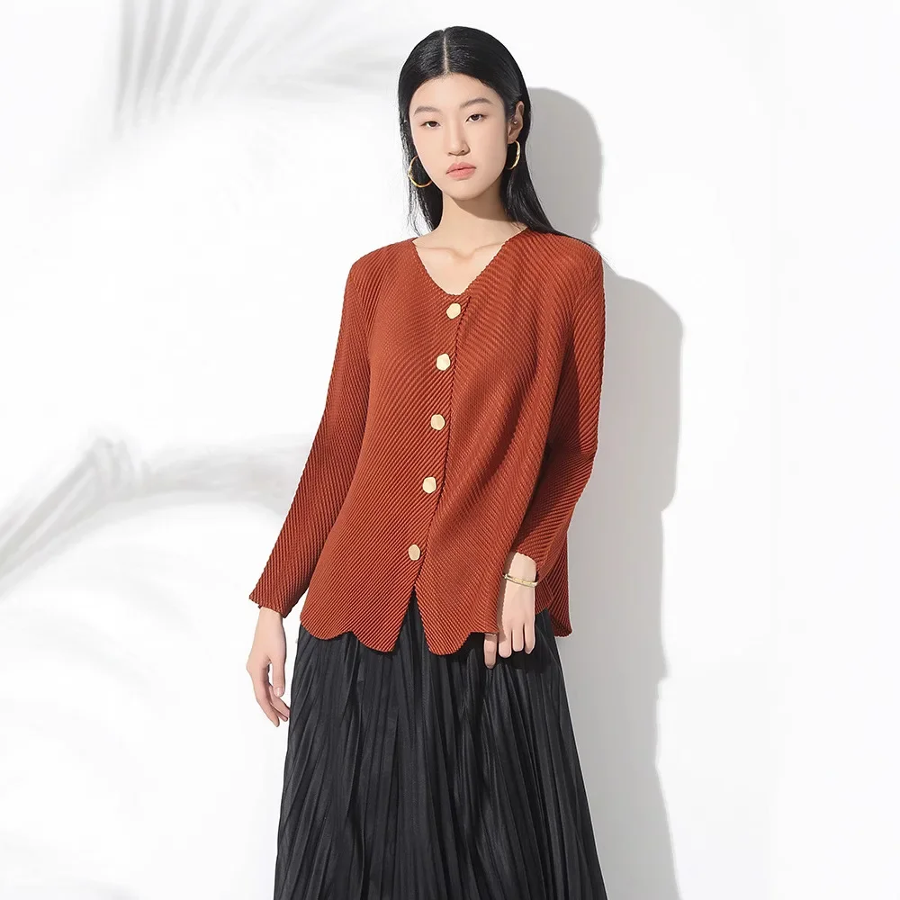 Women's blouse Miyake Pleated Stylish high-stretch O-neck long-sleeved single-breasted coat