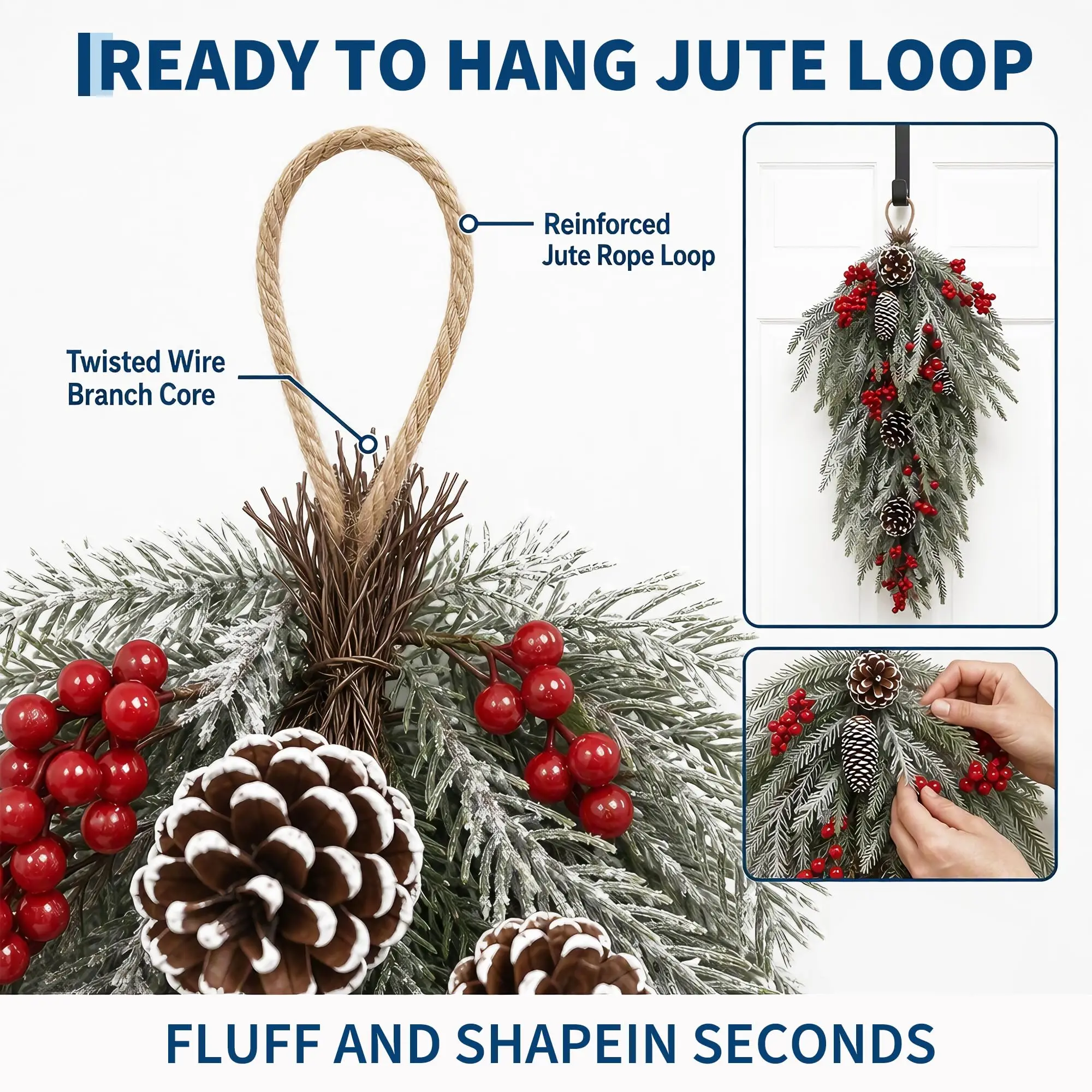 24 Inch Pre Lit Flocked Christmas Teardrop Swag With Timer 8 Lighting Modes Snow Flocked Artificial Pine Door Swag With Red Berries And Pinecones Winter Holiday Decor For Front Door 5