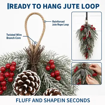 24 Inch Pre Lit Flocked Christmas Teardrop Swag With Timer 8 Lighting Modes Snow Flocked Artificial Pine Door Swag With Red Berries And Pinecones Winter Holiday Decor For Front Door 5