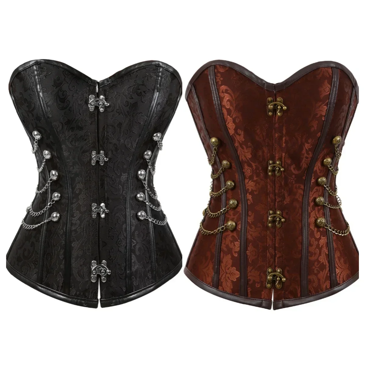 Woman Corset Pirate Corsage Leather Gothic Corsets Plus Size Steampunk Steel Boned Corselet with Chain Carnival Party Costumes