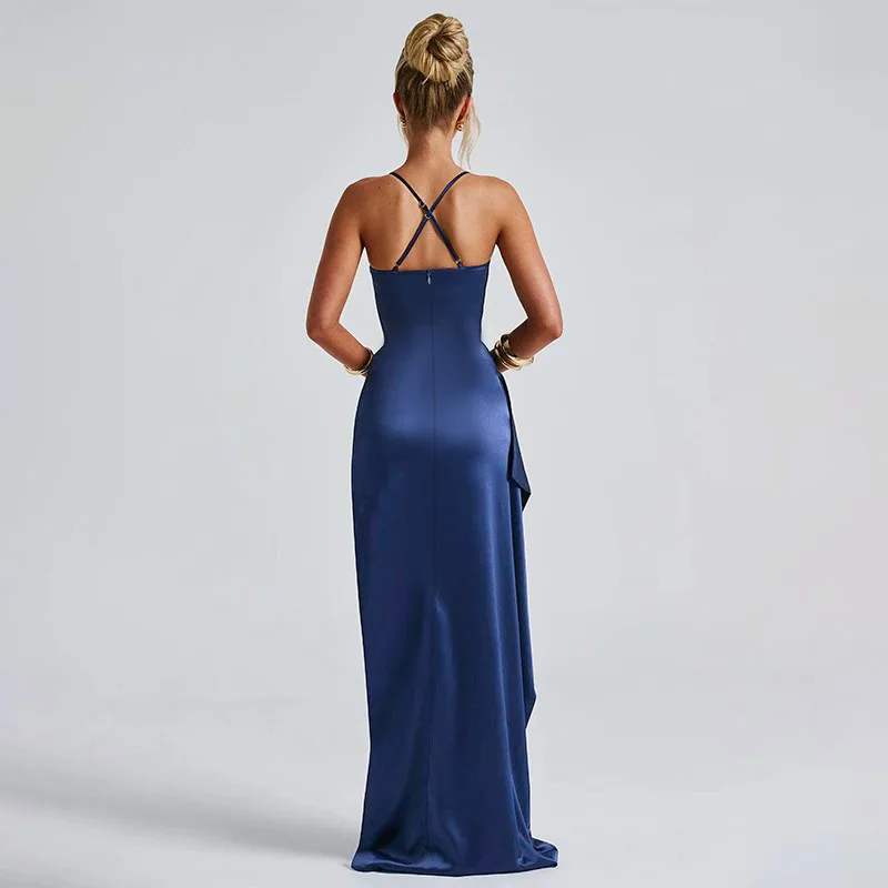Satin Spaghetti Strap Autumn Party Dress High Slit Pleated Prom Gown Sexy New Waisted Deep-V Neck Multiple Colors Party Robes