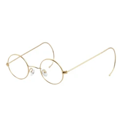 Vintage Men Golden Circular Eyeglasses Metallic Fiber Frames Spring Temples Ultra Lightweight Prescription Eyewear
