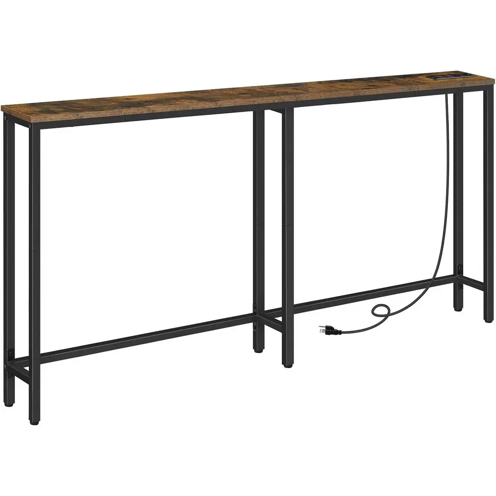 63 Slim Charging Station Console Table, 5.9 Sofa Side Table with Outlets, Ideal for Entryways and Living Rooms, Rustic Brown