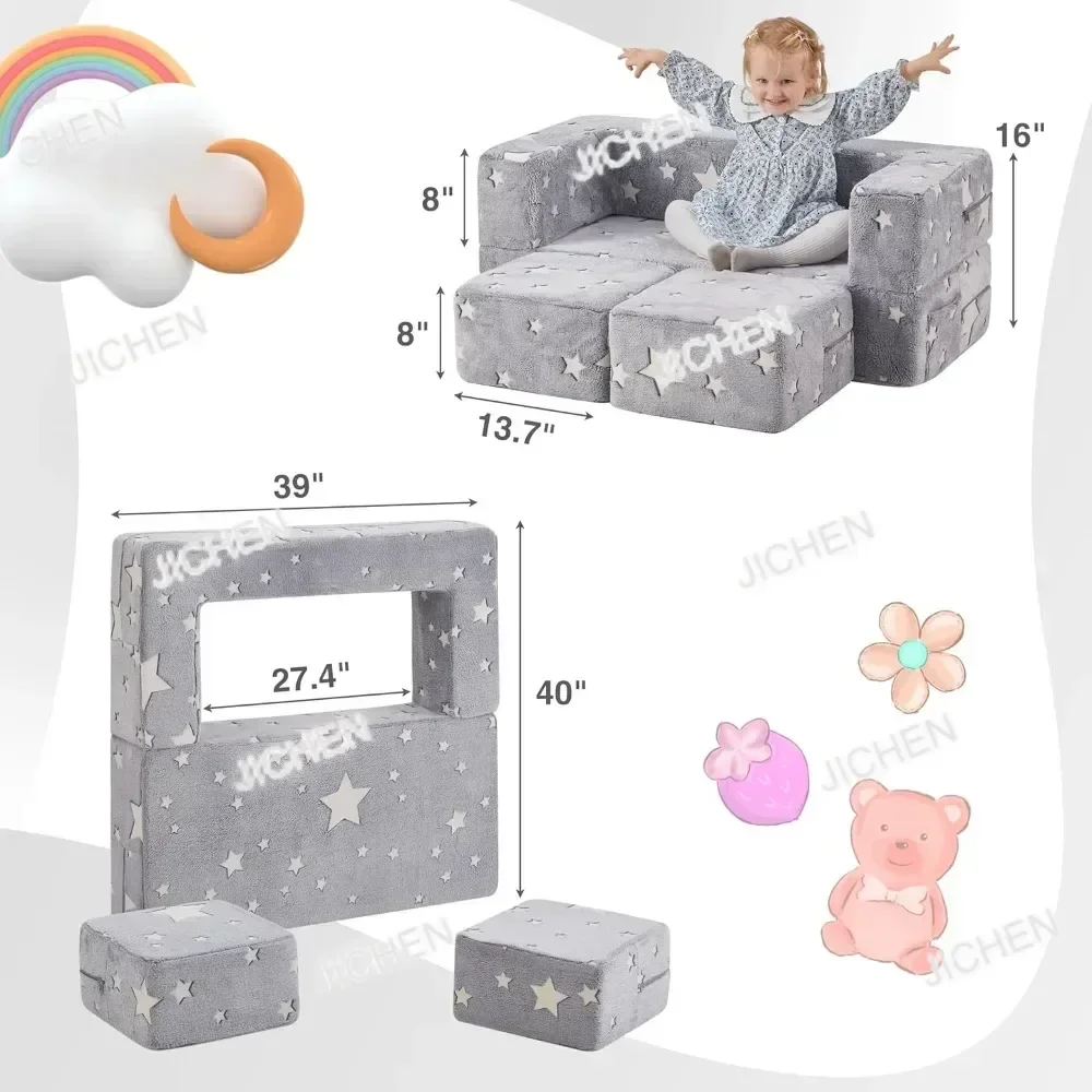 ZQT For Kids Play Couch, Glow In The Dark Star Patterns Toddler Modular Sofa, Convertible Baby Fold Out Play Foam And Floor Cush