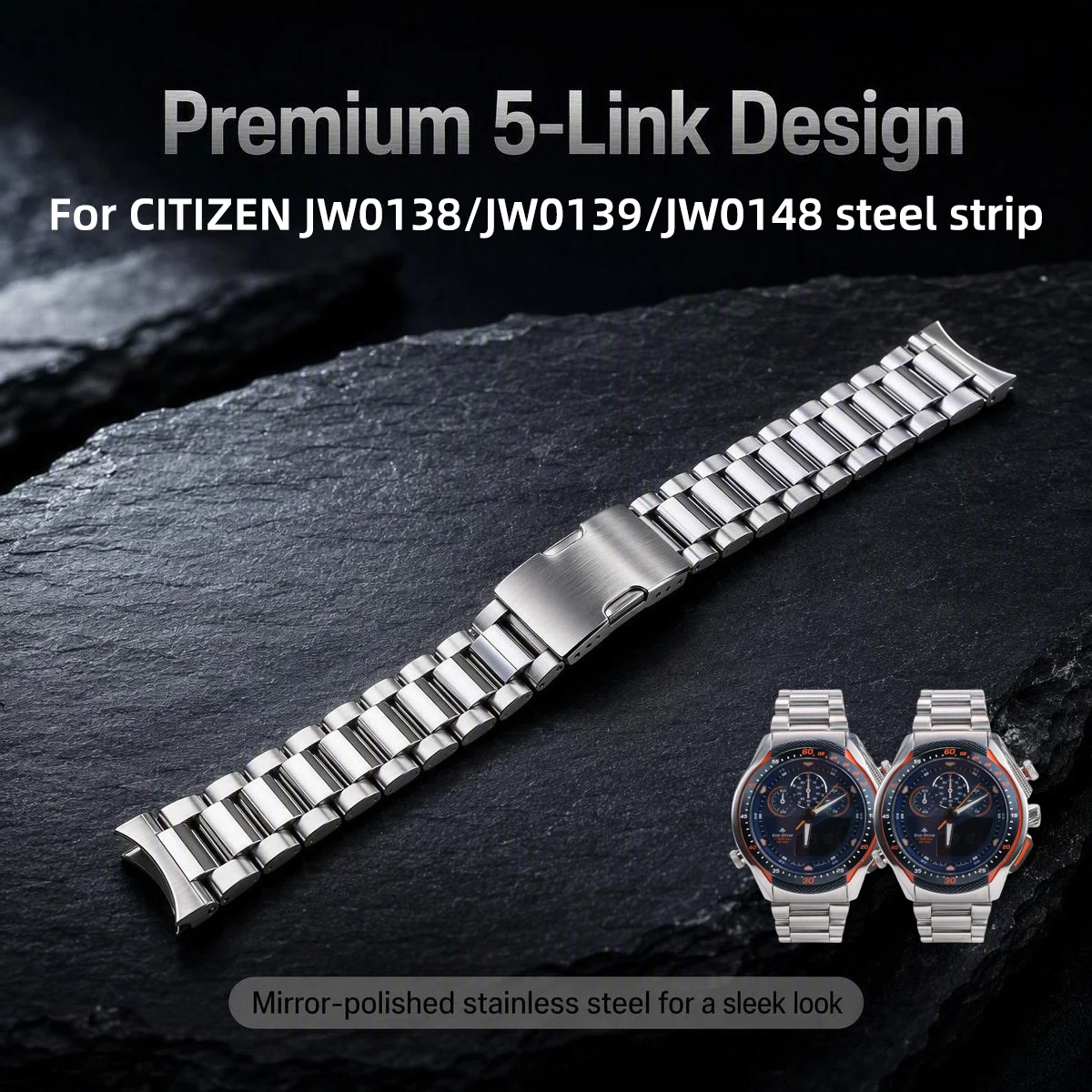 Repair Parts for Citizen JW0148, JW0138, and JW0139 Eco-Drive Watches: 22mm Solid Stainless Steel Curved Business Bracelet