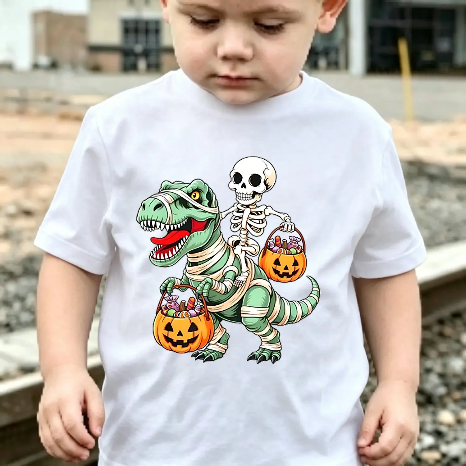 Halloween T-Shirt - Spooky Skeleton Riding Dinosaur & Pumpkin Graphic Tee - Boys & Girls Party Outfit - Soft Everyday Shirt - Birthday or Halloween Party Gift