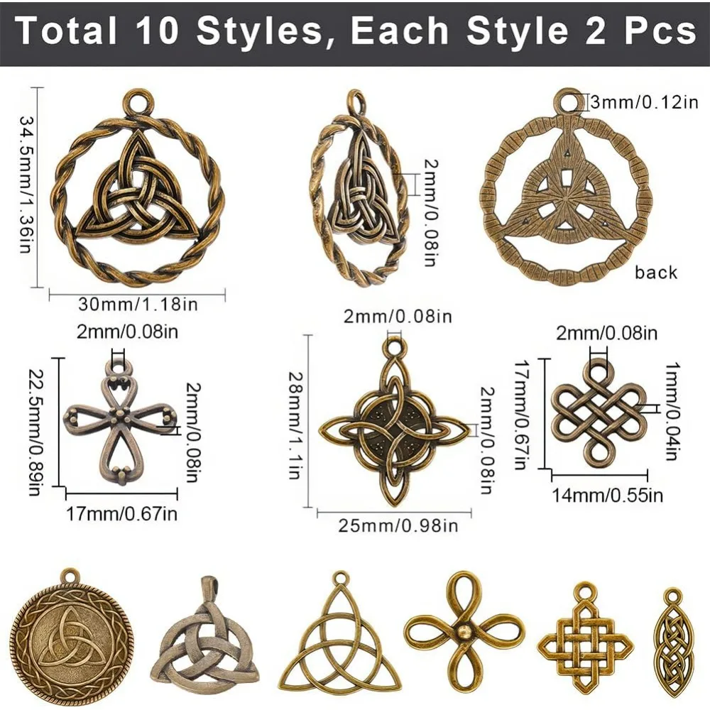 20Pcs 10 Styles Celtic Knot Charm Bulk Trinity Knot Chinese Knotting Antique Bronze Alloy Connector Vintage Charm making kit