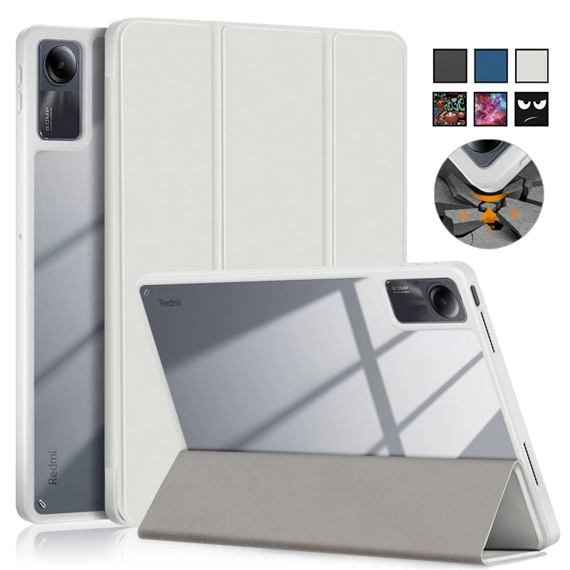 

For Xiaomi Redmi Pad SE Case With Pen Holder Leather Acrylic Clear Back Shockproof Cover For Funda Redmi Pad SE Smart Case 11"