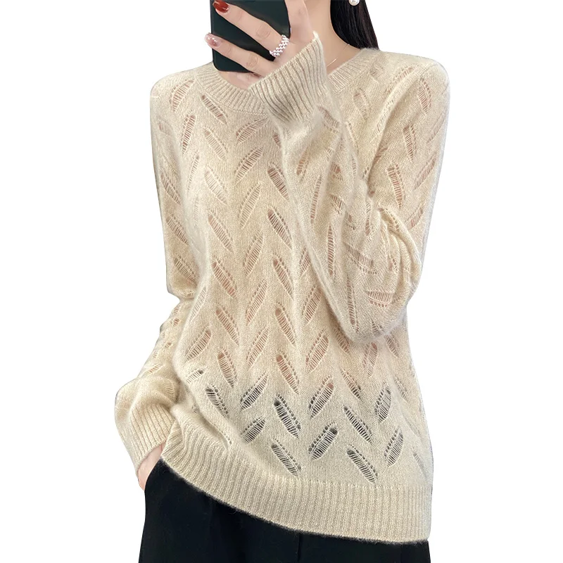 Spring New Ladies 100% Wool Soft Breathable Sweater Round Neck Hollow Out Pullover Casual Knitted Thin Sweater Slim-Fit Tops