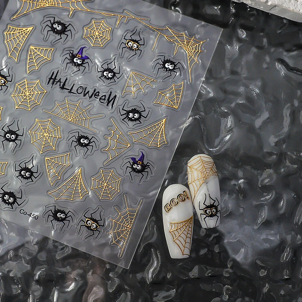 สติกเกอร์ติดเล็บลายใยแมงมุมโลหะสำหรับตกแต่งเล็บทำเอง DIY ฮาโลวีน สีทอง ลายนูน 5D สไตล์ Y2K สำหรับตกแต่งเล็บที่บ้านสำหรับสาวๆ
