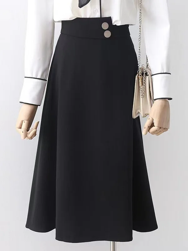 Trendy plus Size A-Line Skirt Commute Elastic Waist Slimming Mid-Length Korean Style Loose Fit Casual Polyester Fiber