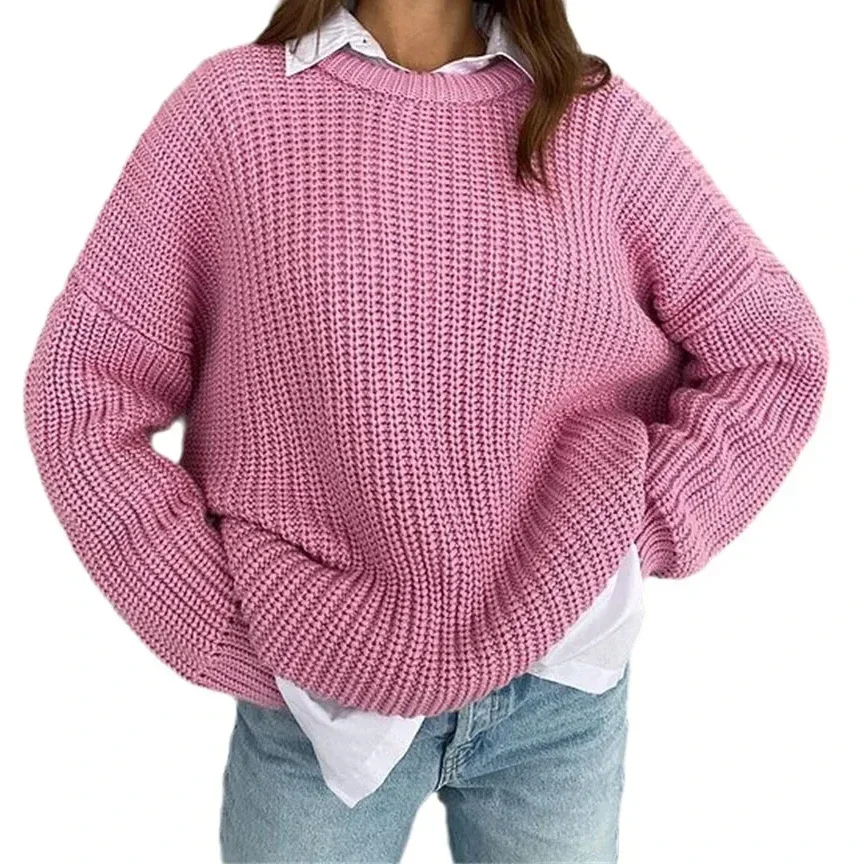 

Y2k Sweater Women Solid Long Sleeve Autumn Winter Purple Simple Pullover Knit Elastic Jumper Casual Warm Top Jacquard Jumpers