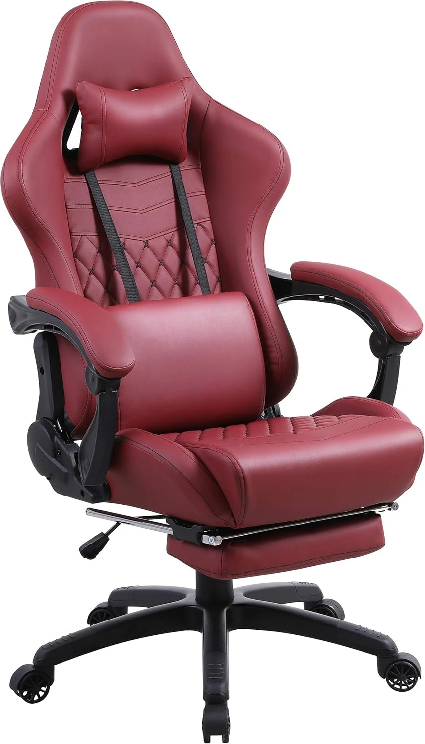 Game chair, office desk and chair with massage lumbar support, retro style armchair with extendable foot pedals