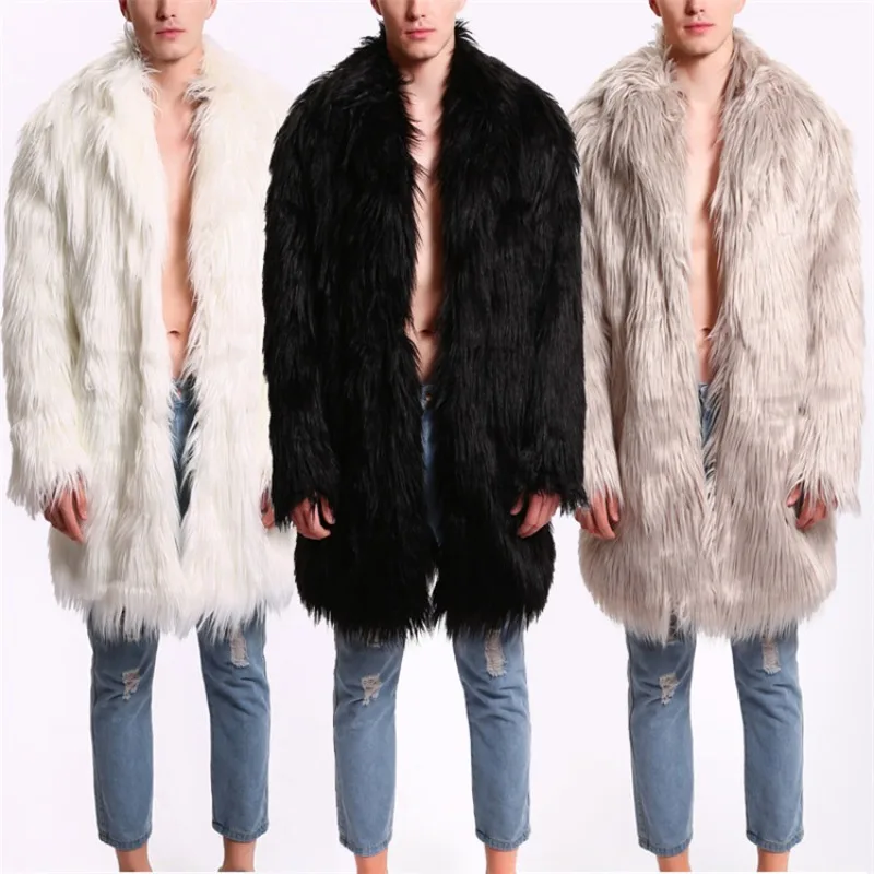 Marque de luxe hommes hiver nouveau décontracté mode fausse fourrure manteau mi-long fausse fourrure de renard veste col de fourrure pardessus hommes veste noir