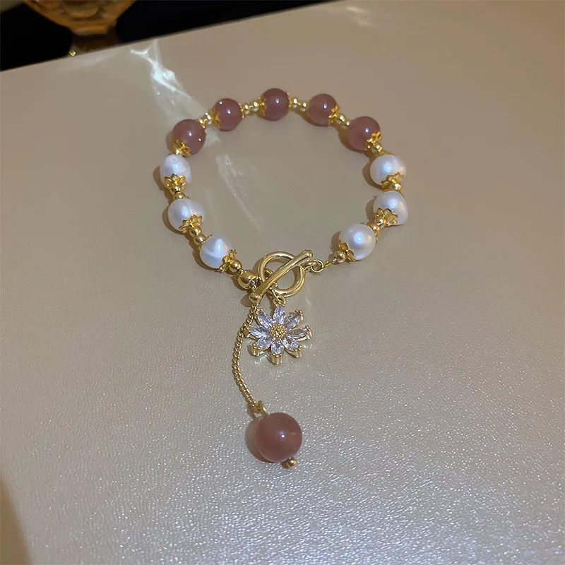 New Arrival Elegant Sunflower 14K Gold Filled Natural Freshwater Pearl & Strawberry Quartz Ladies Charm Bracelets Jewelry Gifts