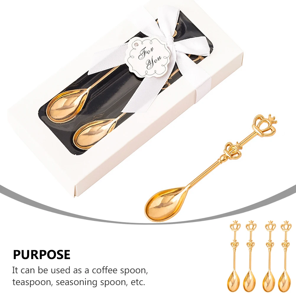 4pc Golden Crown Spoon Set Small Teaspoon Coffee Spoon Ice Cream Dessert Spoon Silver Gold Stainless Steel Spoon For Coffee Tea