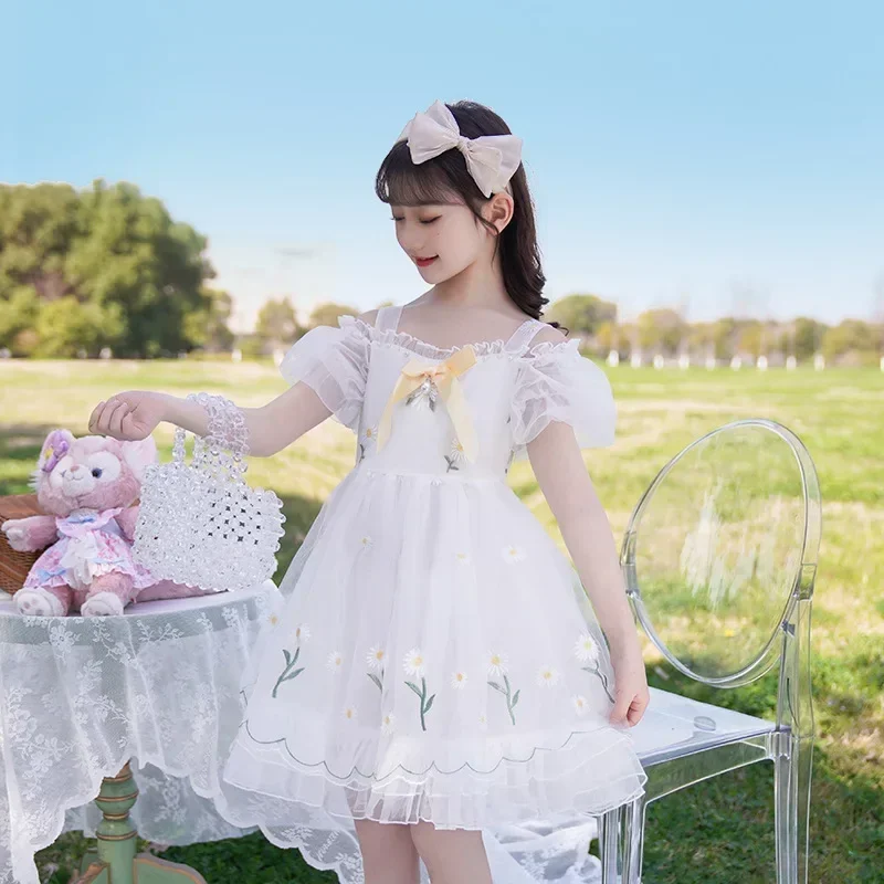 2024 Summer New Korean Edition Girls' Big Girl Mesh Princess Dress Fashion Bubble Sleeves Performance Dress