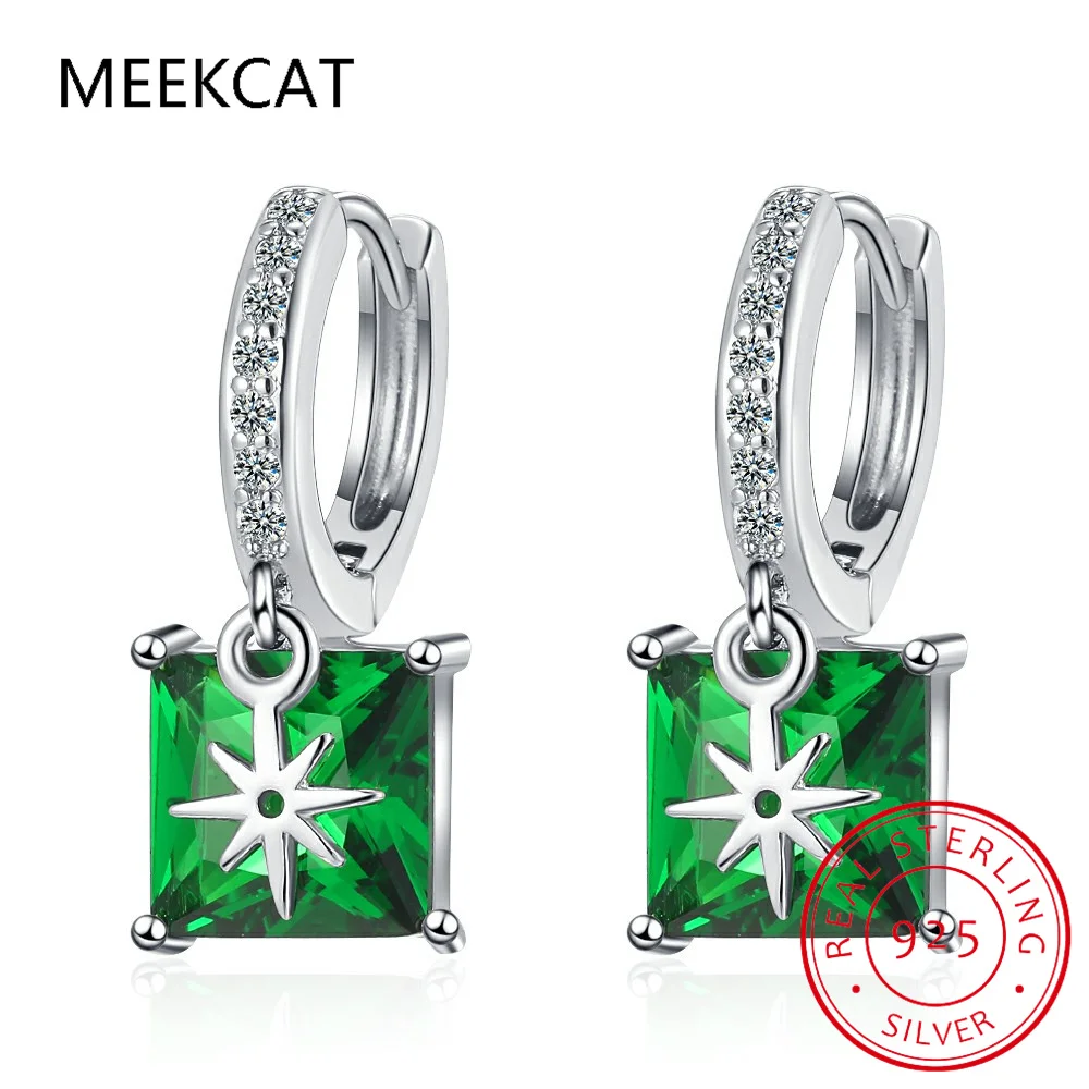 Square Princess Cut Genuine Natural Green Peridot 925 Sterling Silver Hoop Earrings for Women Gemstone Earring Huggies