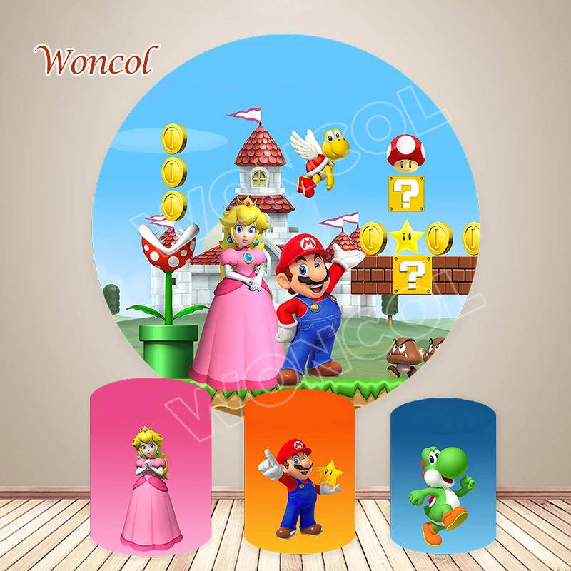 Mario Princess Peach Round Backdrop Child Birthday Baby Shower Background Princess Peach Yoshi Mario Cylinder Cover Decor Prop