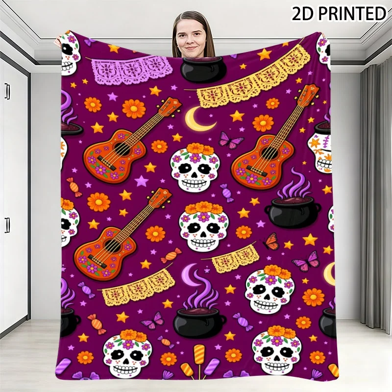 Vibrant Day of The Dead Sugar Skull And Festive Pattern Small Throw Blanket, Deep Purple Background with Guitars Marigoldens And