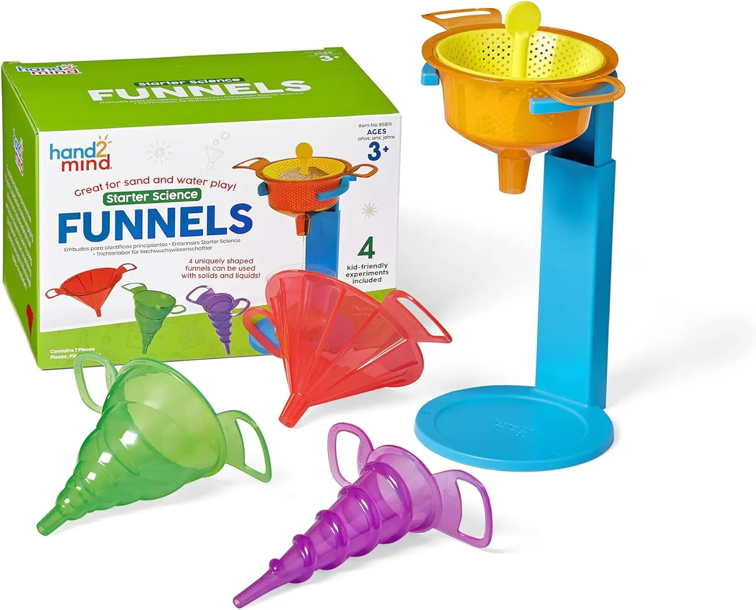 

Kids Science Funnels Set for Sensory Play, Water Table Toys & Educational Experiments - Includes Stand & Guide