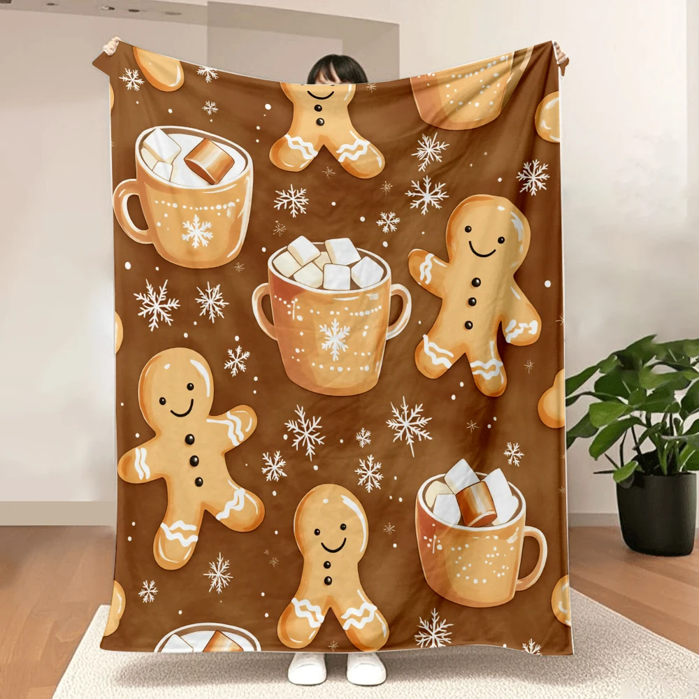 1PC Christmas Gingerbread Man and Hot Cocoa Print Blanket — Made of soft, cozy flannel, perfect for the couch or bed. Ideal for