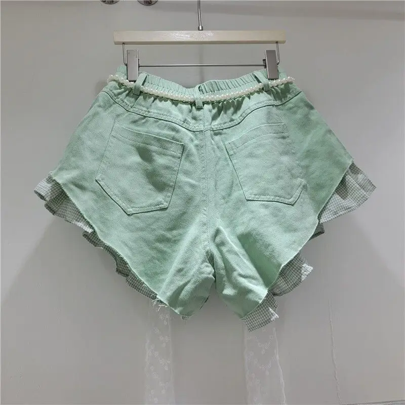 2026 Summer New Candy-colored Denim Plaid Shorts for Women High-waisted Loose Design with A Belt Booty Shorts