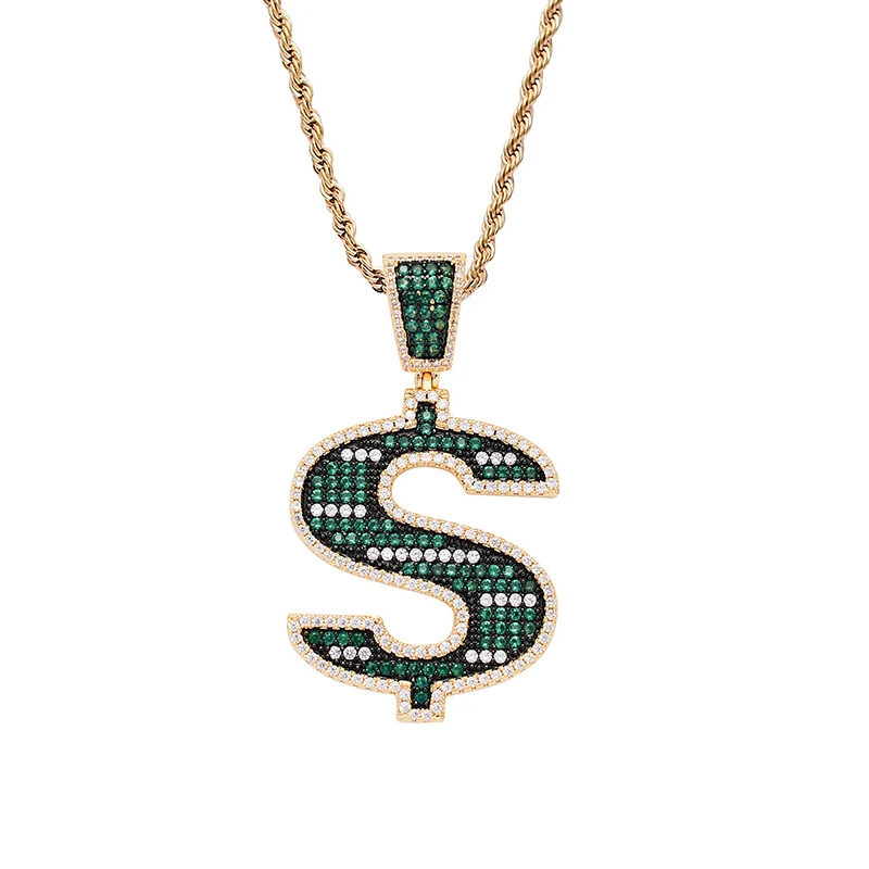 Hip Hop Prong Setting Green CZ Stone Bling Ice Out Solid Dollars Money Rich Sign Pendants Necklaces for Men Rapper Jewelry