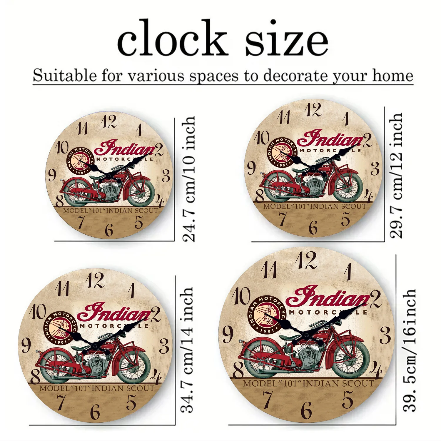 Personalized Judian Indian Motorcycle Wooden Wall Clock Living Room Bedroom Kitchen Home Decoration Wall Clock Silent Quartz Clock Holiday Gift