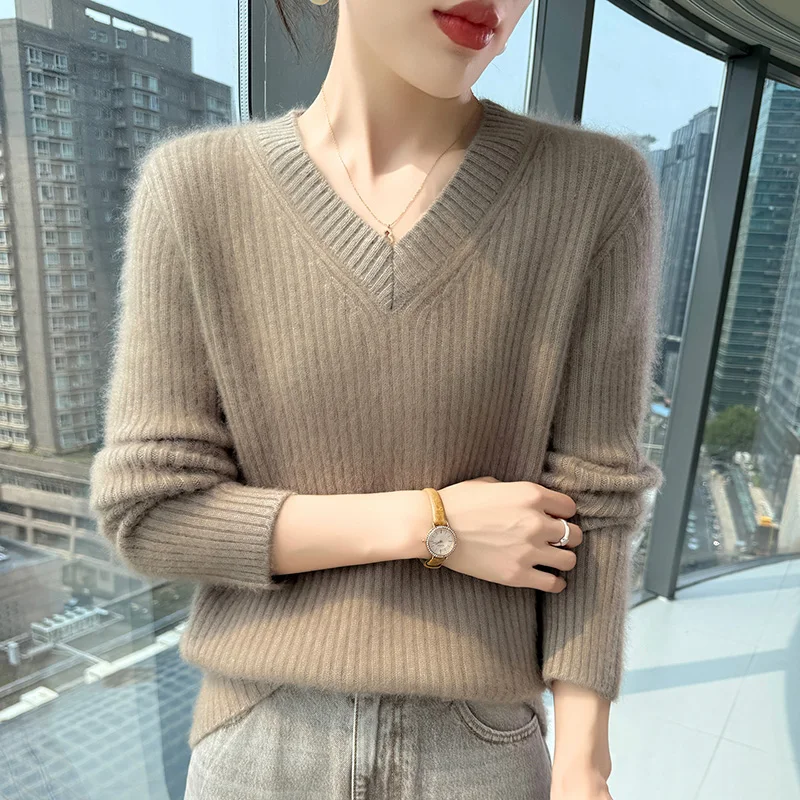 100% المنك النقي الكشمير محبوك سترة المرأة الخامس الرقبة ضئيلة البلوز عادية الدافئة عمودي بار القمم جديد قاع قميص الخريف #2