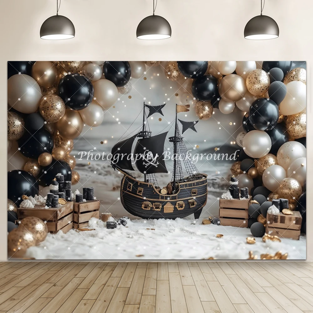 Pirate Ship Looking For Treasure Halloween Photo Background Wooden Sailing Ship Sailor Balloon Children Birthday Party Backdrop