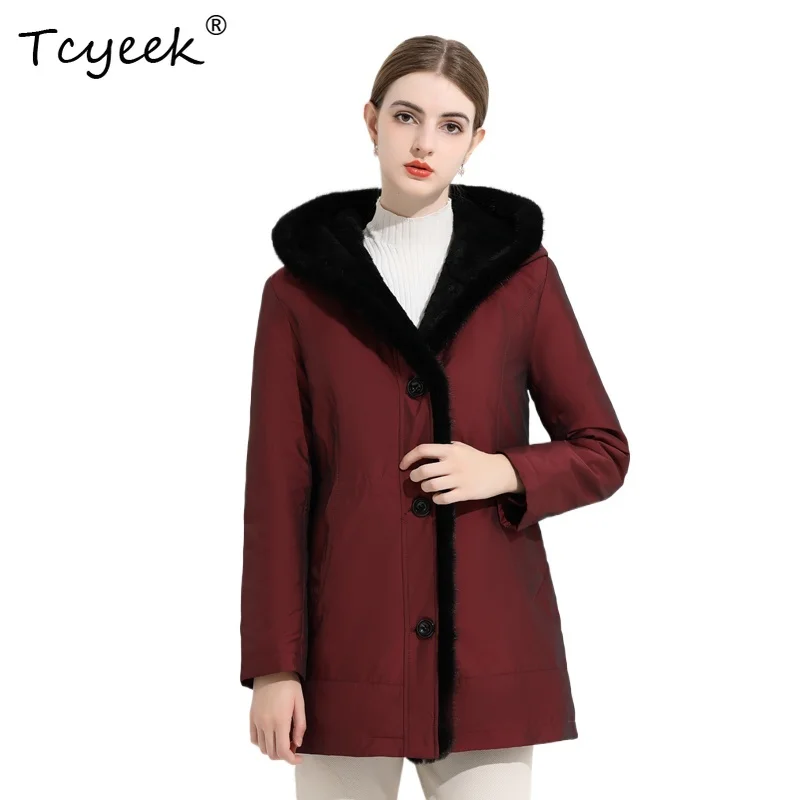 Tcyeek Odpinana Podszewka z Futra Wydry i Królika Jesienno-Zimowa Modna Parka Damska z Kapturem Średniej Długości Casacas Para Mujer Invierno