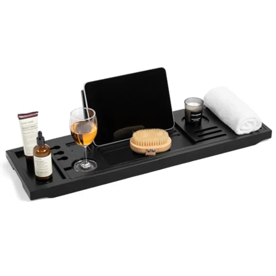 

Teak Bathtub Tray Adjustable Width Tray with Wine Holder Tablet/Phone and Book Stand Splash-Proof for Bath Time- Black