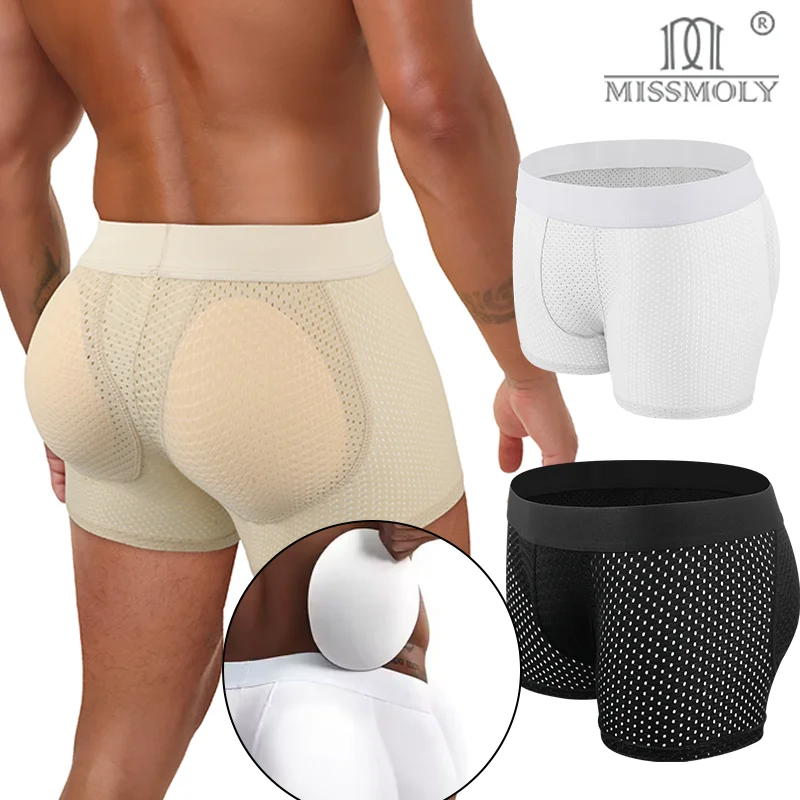Men's Removable Padded Boxer Breathable Mesh Underwear Soft Shorts High Stretch Soft Brief Sexy Butt Lifter Shapewear Underwear