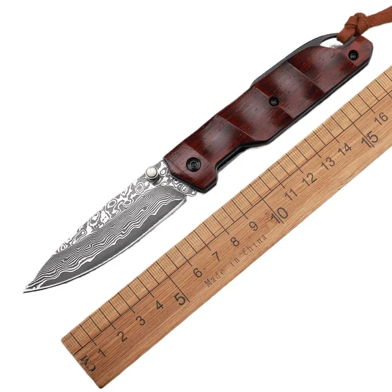 

VG10 Damascus Steel Folding Knife Bamboo Grain Wood Handle Outdoor Camping Utility Knives Military Self Defense EDC Tool for Men