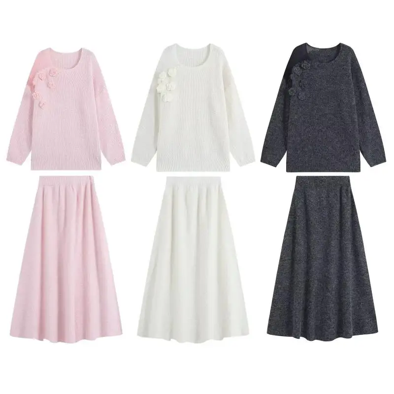 Withered Woman Clothes Minimalist Sweaters Autumn/winter Loose Flower Long Sleeve Knitted Top Skirt Set Women's Matching Sets