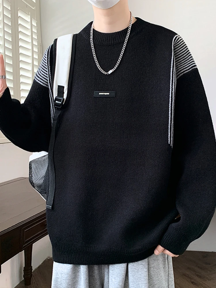 2025 Autumn Winter Gray Black Green White Round Neck Long Sleeve Striped Thickened Warm Loose Casual Knitted Sweater