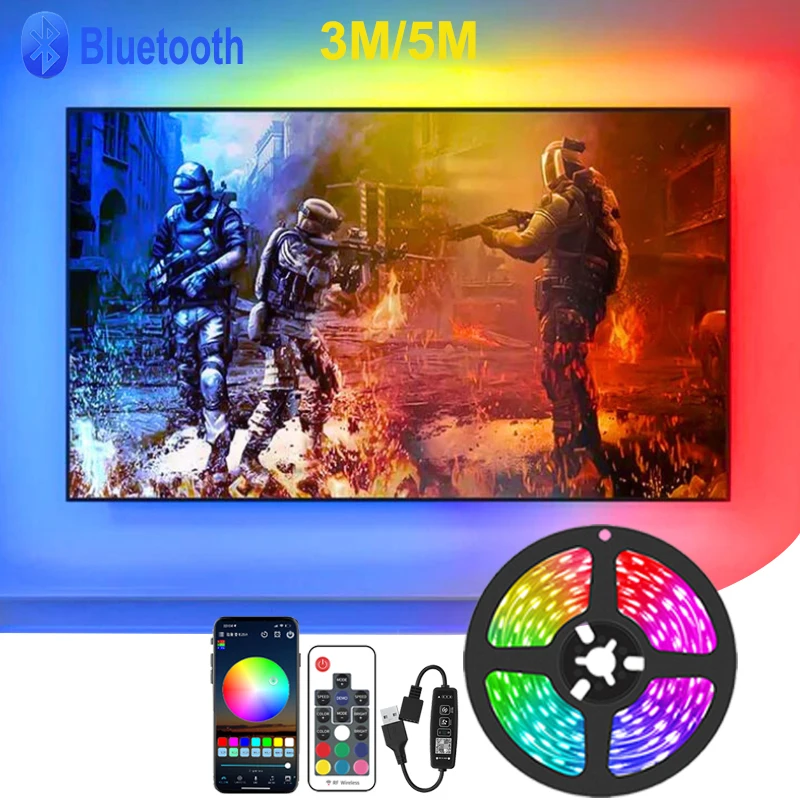 Tira de luces Led RGB con música USB y Bluetooth para retroiluminación de TV, cinta Led Rgb regulable, Control remoto inteligente, luces LED de 5V