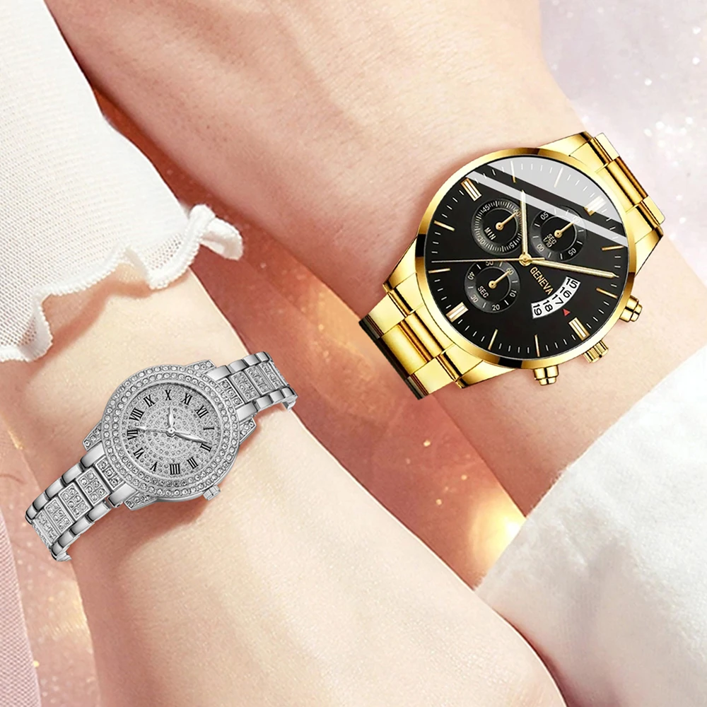 4 Pcs Casual And Fashionable Couple Watches Quartz Watches Women\'s Watches Matched With Couple Necklace Set